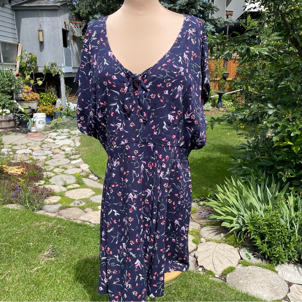 In Every Story Blue Dress with Pink Floral Design and Bat Sleeve